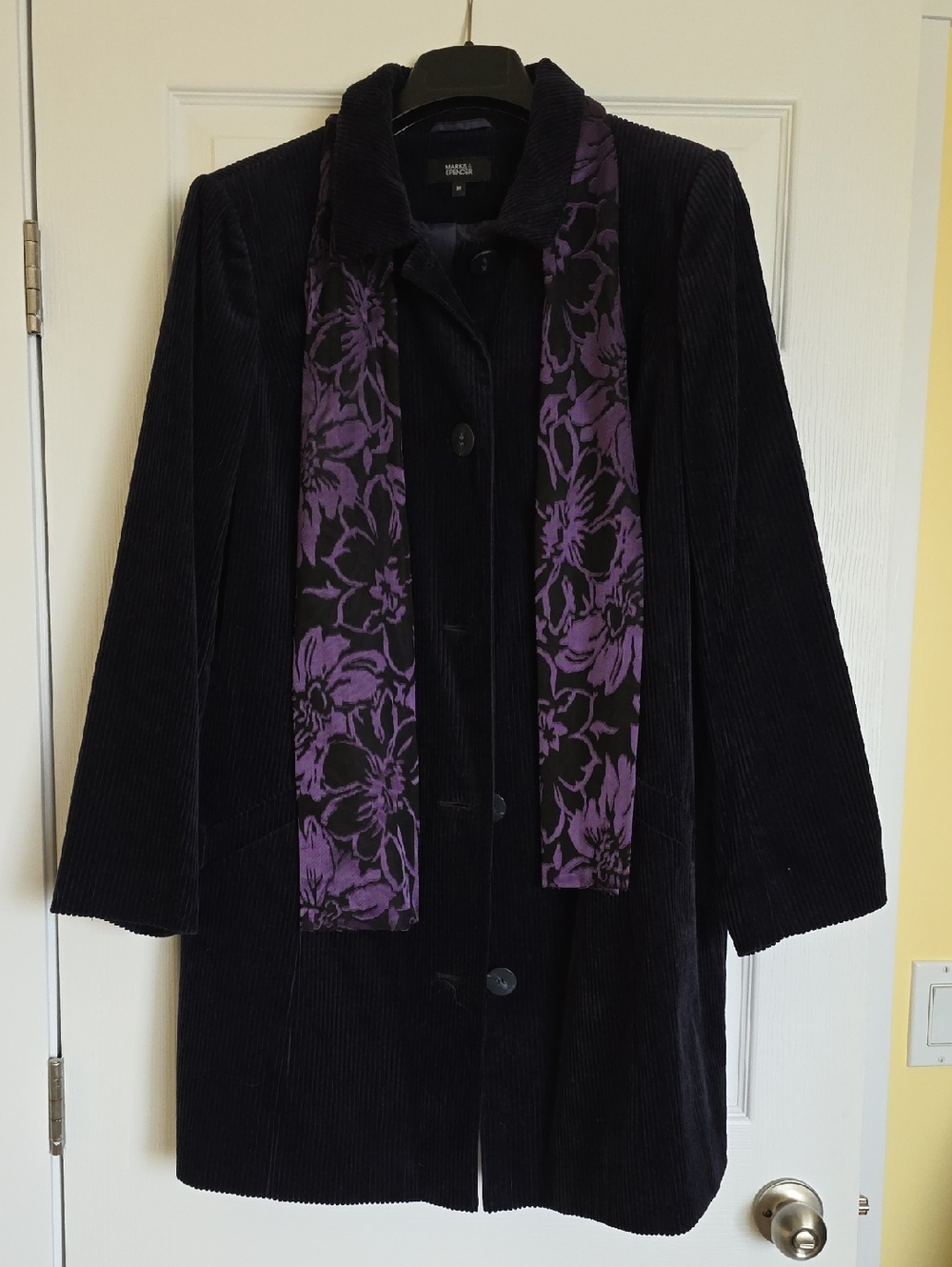 Marks & Spencer Dark Purple Corduroy Coat with Purple Floral Scarf